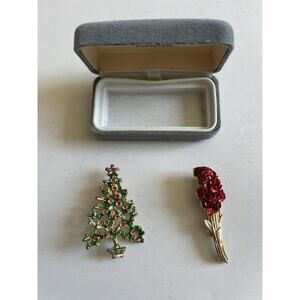 Lot Of 2 Brooch Pin Red Roses Gold Tone Red Enamel DM97 Signed + Christmas Tree